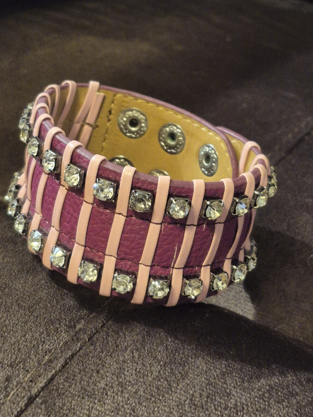 Studded Pink & Silver Rhinestone Leather Cuff Bracelet